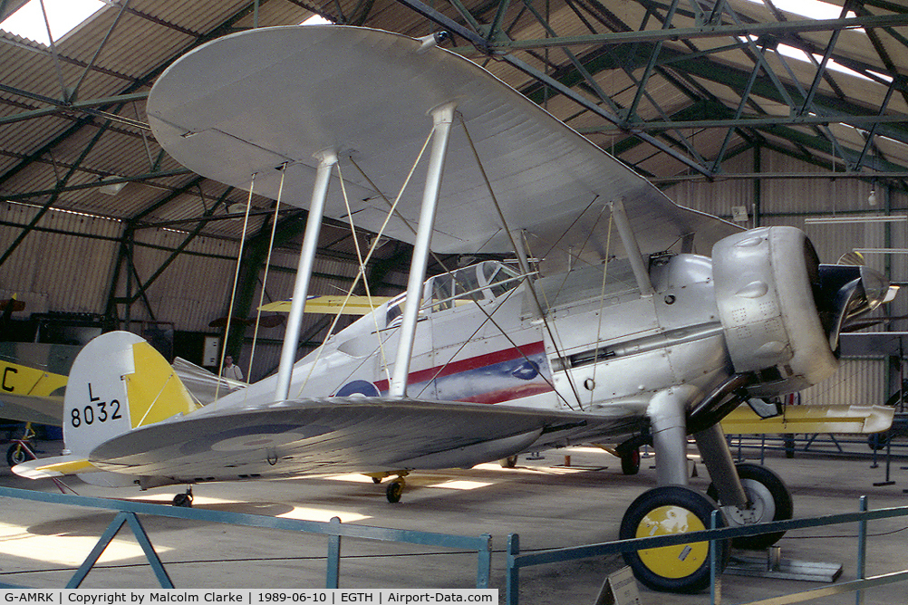 G-AMRK, 1937 Gloster Gladiator Mk1 C/N [L8032], Gloster Gladiator Mk1. Pictured in the hangar during Old Wardens 'Flying in the Evening Air' in May 1989.