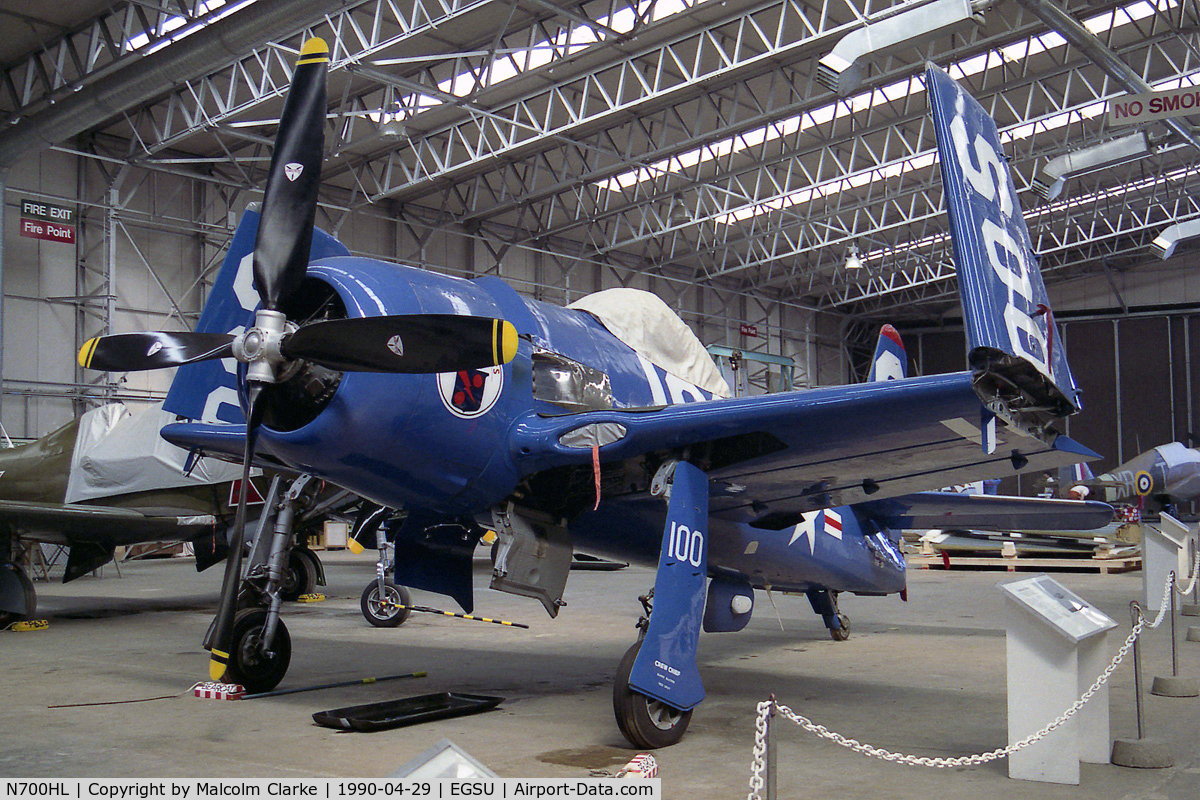 N700HL, 1948 Grumman F8F-2 (G58) Bearcat C/N D.1088, Grumman F8F-2P Bearcat at The Imperial War Museum, Duxford in 1990. Became G-RUMM 1998-03-20.