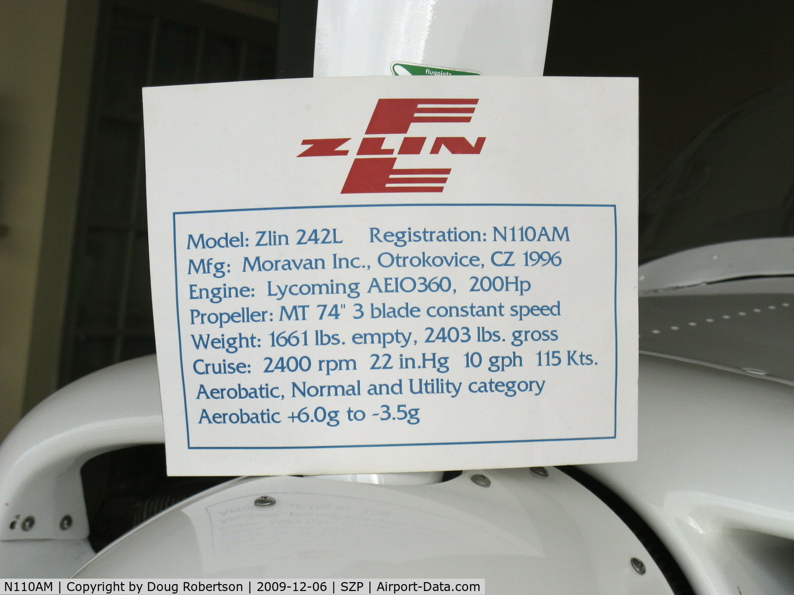N110AM, 1996 Zlin Z-242L C/N 0727, 1996 Moravan Zlin 242L, Lycoming AEIO-360-B 200 Hp, fully aerobatic, data card
