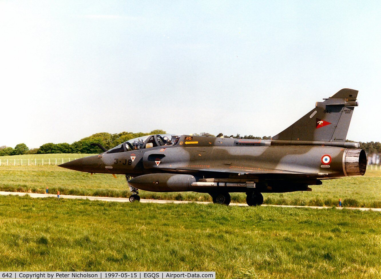 642, Dassault Mirage 2000D C/N Not found 642, Mirage 2000D, callsign French Air Force 7320 Bravo, of EC 02.003 taxying to the active runway at Lossiemouth in May 1997.