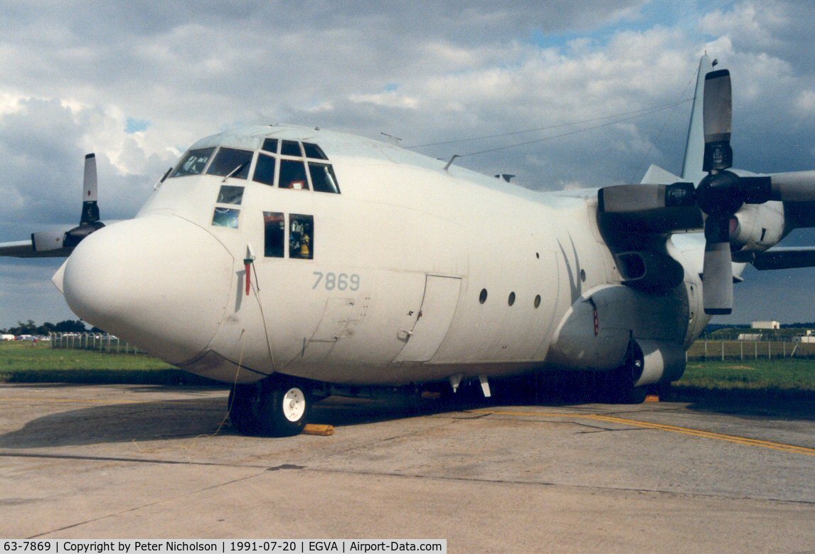 63-7869, 1963 Lockheed EC-130E Hercules C/N 382-3939, EC-130E Hercules, callsign More 25, of the 193rd Special Operations Squadron at Harrisburg in the static park of the 1991 Intnl Air Tattoo at Fairford.
