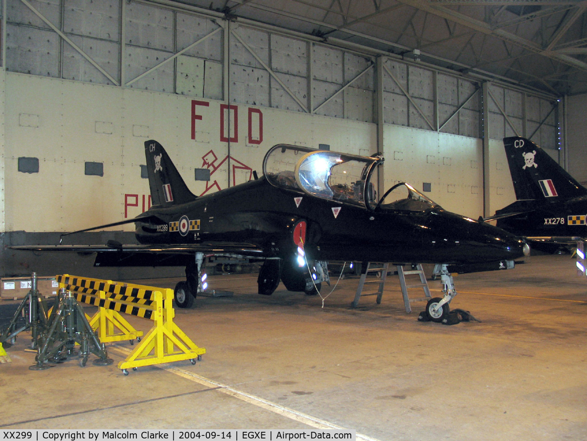 XX299, 1979 Hawker Siddeley Hawk T.1W C/N 131/312124, British Aerospace Hawk T1W in the 100 Sqn hangar at RAF Leeming in 2004.