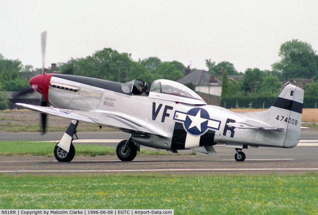 N51RR, 1944 North American P-51D Mustang C/N 122-39798, North American P-51D Mustang. At Cranfield's celebration of the 50th anniversary of the College of Aeronautics in 1996.