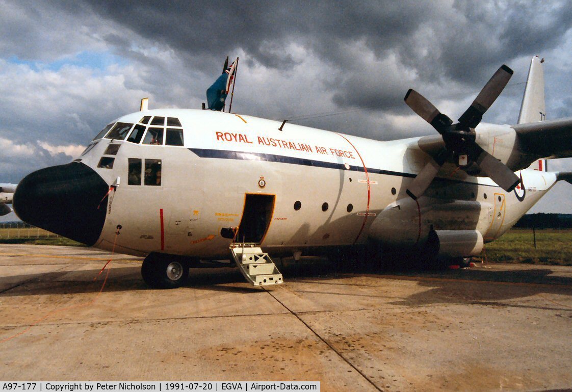 A97-177, 1965 Lockheed C-130E Hercules C/N 382-4177, The Royal Australian Air Force was represented at the 1991 Intnl Air Tattoo at RAF Fairford by this 37 Squadron C-130E Hercules, callsign Ausy 247.