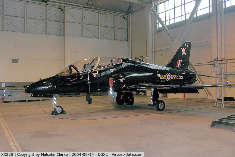 XX228, 1978 Hawker Siddeley Hawk T.1 C/N 064/312064, British Aerospace Hawk T1A in the 100 Sqn hangar at RAF Leeming in 2004.