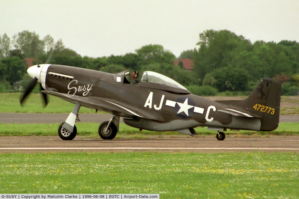 G-SUSY, 1944 North American P-51D Mustang C/N 122-39232, North American P-51D Mustang at Cranfield's airshow celebrating the 50th Anniversary of the College of Aeronautics.