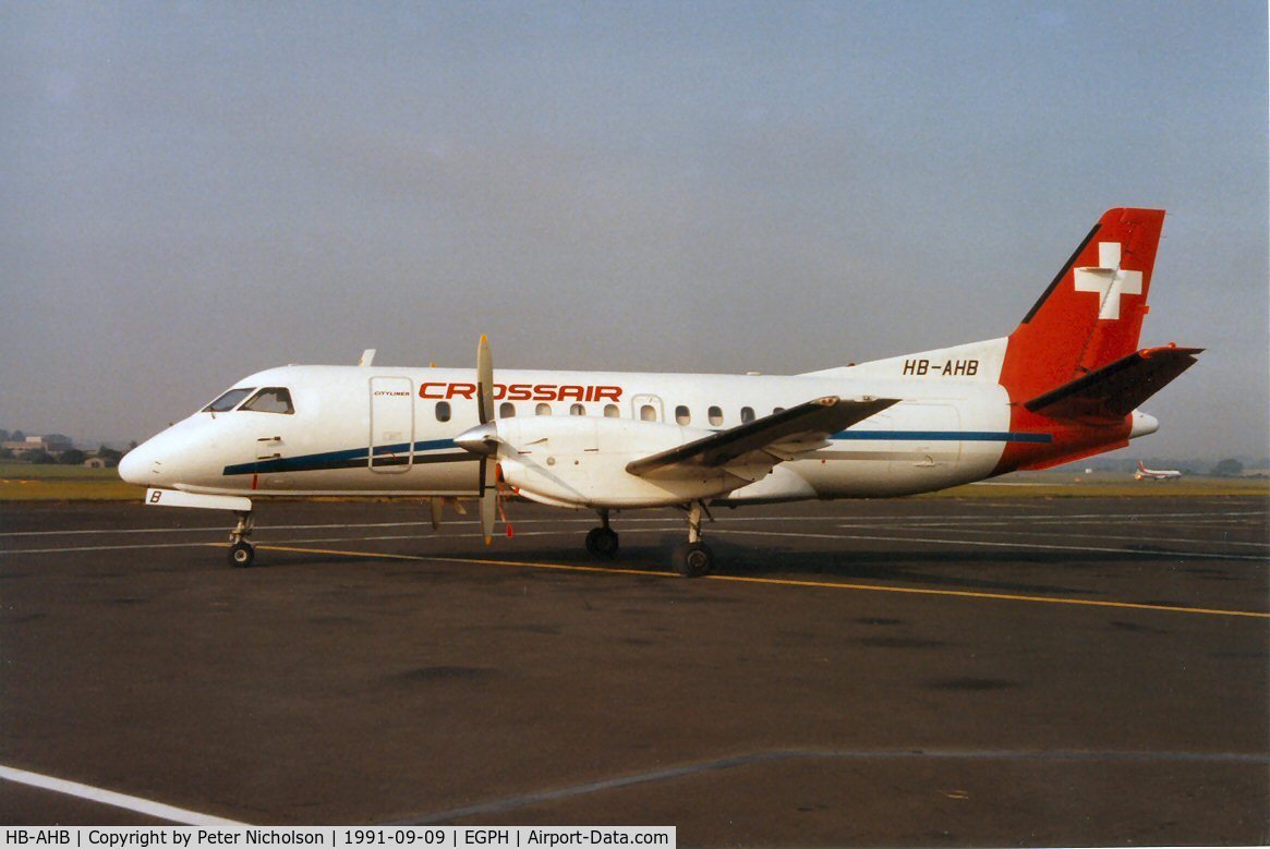 HB-AHB, 1984 Saab SF340A C/N 340A-007, SF.340A of Crossair overnighted at Edinburgh in September 1991.