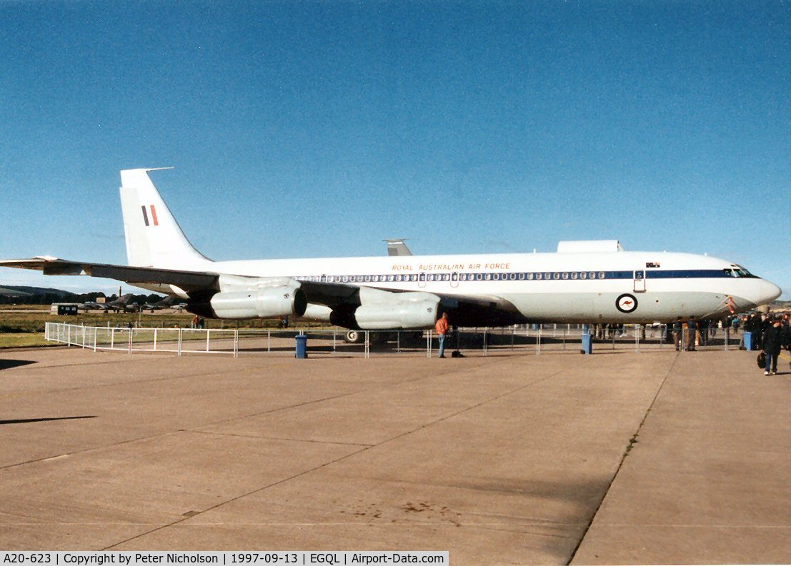 A20-623, 1968 Boeing 707-338C C/N 19623, Boeing 707-338C, callsign Aussie 217, of 33 Squadron Royal Australian Air Force in the static park of the 1997 RAF Leuchars Airshow.