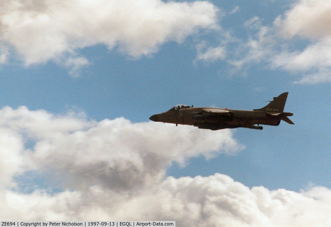 ZE694, 1988 British Aerospace Sea Harrier F/A.2 C/N B53/P28, Sea Harrier FA/2, callsign Yeovil 06, of 899 Squadron performing at the 1997 RAF Leuchars Airshow.