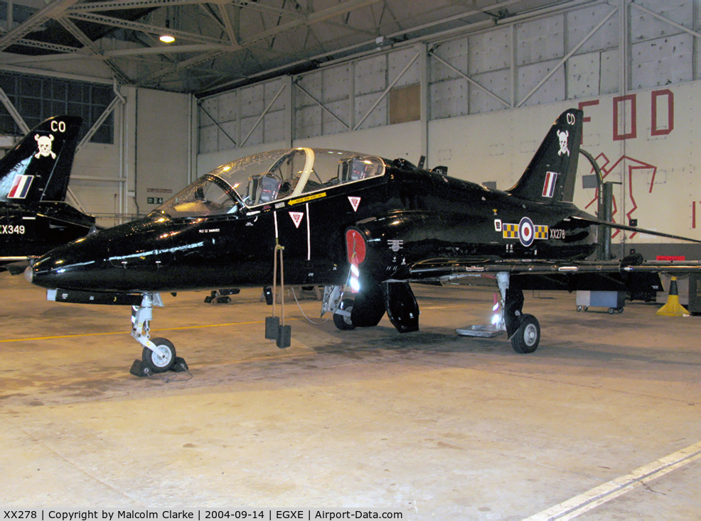 XX278, 1978 Hawker Siddeley Hawk T.1A C/N 103/312103, British Aerospace Hawk T1A in the 100 Sqn hangar at RAF Leeming in 2004.