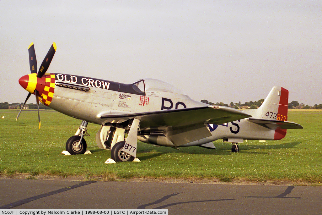 N167F, 1944 North American P-51D Mustang C/N 122-40417, North American P-51D Mustang. Operated by the Scandinavian Historic Flight as 44-73877 'Old Crow'. Cranfield 1988.