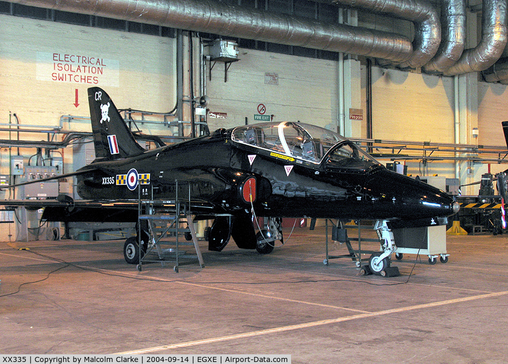 XX335, 1980 Hawker Siddeley Hawk T.1A C/N 183/312159, British Aerospace Hawk T1A in the 100 Sqn hangar at RAF Leeming in 2004.