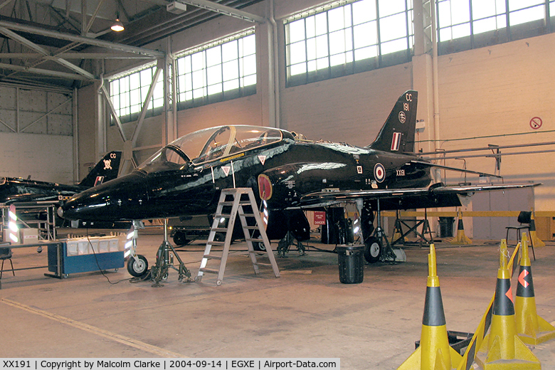 XX191, 1977 Hawker Siddeley Hawk T.1A C/N 038/312038, Hawker Siddeley Hawk T1A in the 100 Sqn hangar at RAF Leeming in 2004.