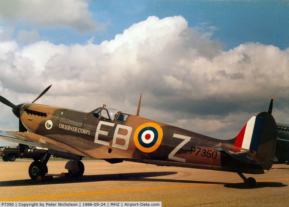 P7350, 1940 Supermarine 329 Spitfire IIa C/N CBAF.14, Spitfire IIa of the Battle of Britain Memorial Flight on display at the 1986 RAF Mildenhall Air Fete.