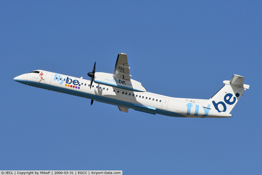 G-JECL, 2005 De Havilland Canada DHC-8-402Q Dash 8 C/N 4114, 'The George Best' climbing away at Manchester.