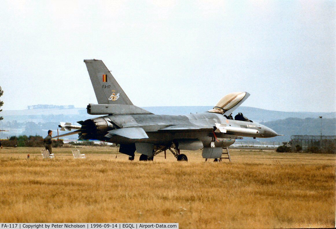 FA-117, SABCA F-16AM Fighting Falcon C/N 6H-117, F-16A Falcon, callsign Bull 11 Bravo, of 2 Wing Belgian Air Force on display at the 1996 RAF Leuchars Airshow.