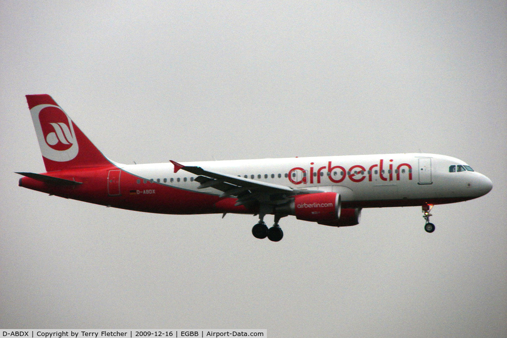 D-ABDX, 2009 Airbus A320-214 C/N 3995, Air Berlin A320 arriving at BHX in low viz