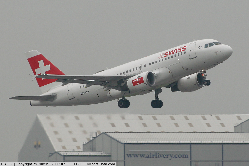 HB-IPV, 1996 Airbus A319-112 C/N 578, Climbing away from Runway 05L on a grey Manchester morning.