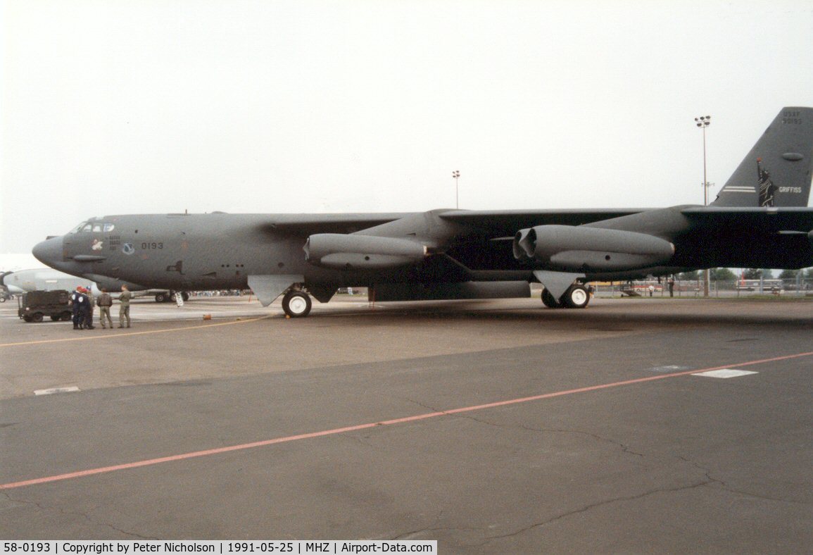 58-0193, 1958 Boeing B-52G Stratofortress C/N 464261, B-52G Stratofortress named Iron Maiden of 668th Bomb Squadron/416th Bomb Wing on display at the 1991 Mildenhall Air Fete.