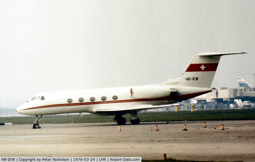 HB-IEW, 1973 Gulfstream American G-1159 Gulfstream II C/N 124, Gulfstream II parked at London Heathrow in the Spring of 1976 - a regular visitor there in the Seventies.