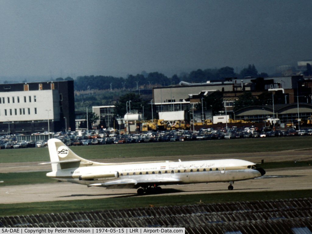 5A-DAE, 1967 Sud Aviation SE-210 Caravelle VI-R C/N 221, Caravelle 6R of Libyan Arab Airlines at Heathrow in May 1974.