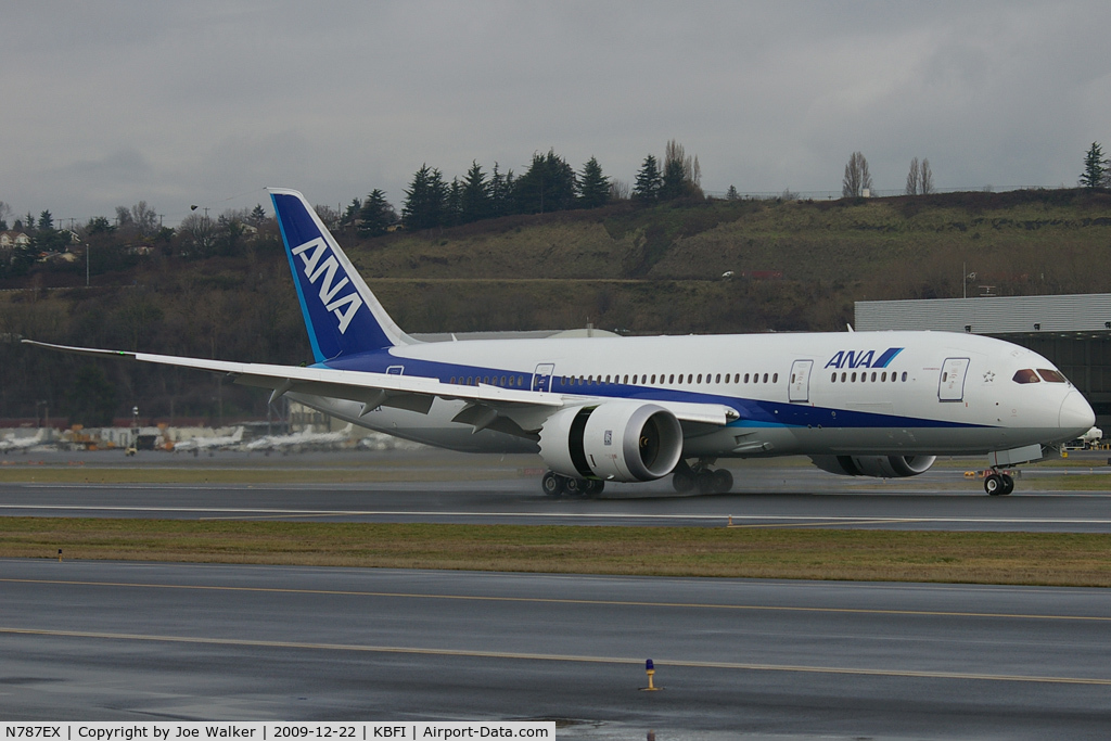 N787EX, 2009 Boeing 787-8 Dreamliner C/N 40691, Second 787, first in the colors of ANA/All Nippon Airways, seen shortly after landing at Seattle's Boeing Field.