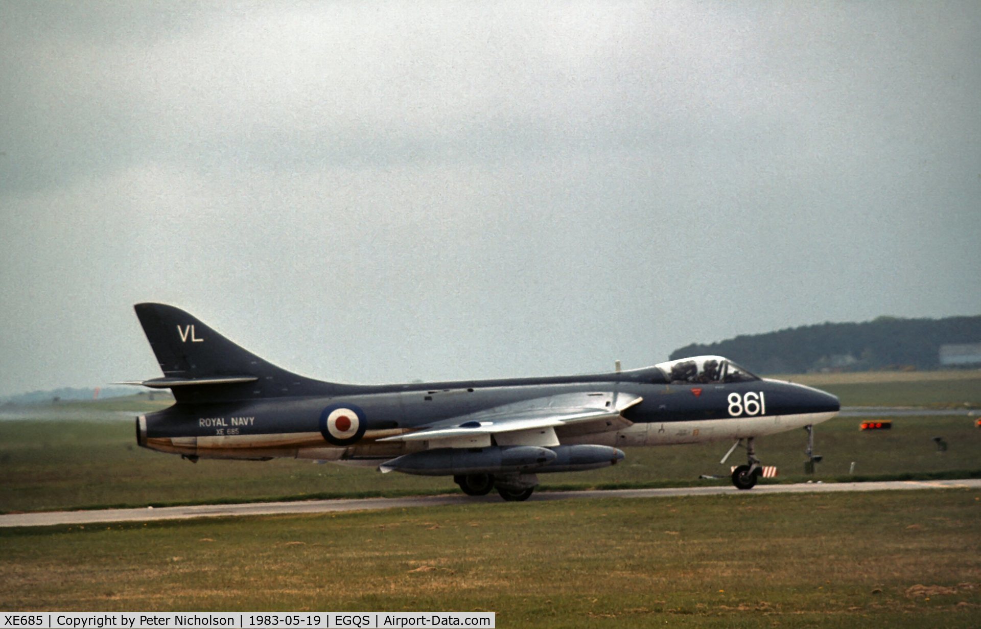 XE685, 1955 Hawker Hunter GA.11 C/N HABL-003028, FRADU Hunter GA.11 awaiting clearance to join the active runway at Lossiemouth in May 1983.