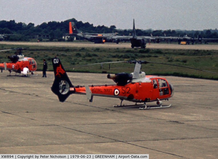 XW894, 1974 Westland SA-341C Gazelle HT2 C/N 1173, Gazelle HT.2 of the Sharks display team of 705 Squadron at the 1979 Intnl Air Tattoo at RAF Greenham Common.