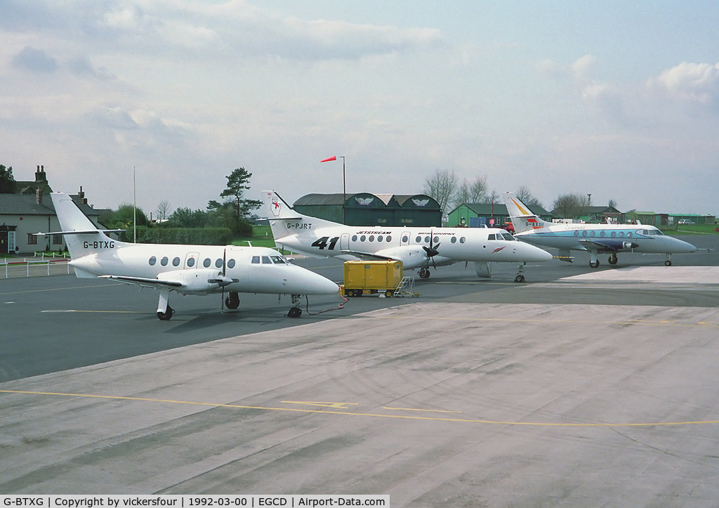 G-BTXG, 1986 British Aerospace BAe-3102 Jetstream 31 C/N 719, Family photo staged on the apron at Woodford: Jetstream 200 G-AXUI, J31 G-BTXG and finally the new addition to the family J41 G-PJRT.