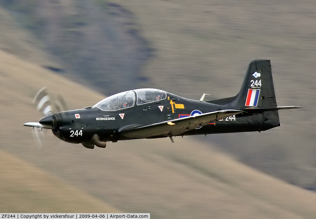ZF244, 1990 Short S-312 Tucano T1 C/N S050/T45, Royal Air Force, operated by 72 (R) Squadron, named 'Moshoeshoe'. Taken in the M6 Pass, Cumbria.