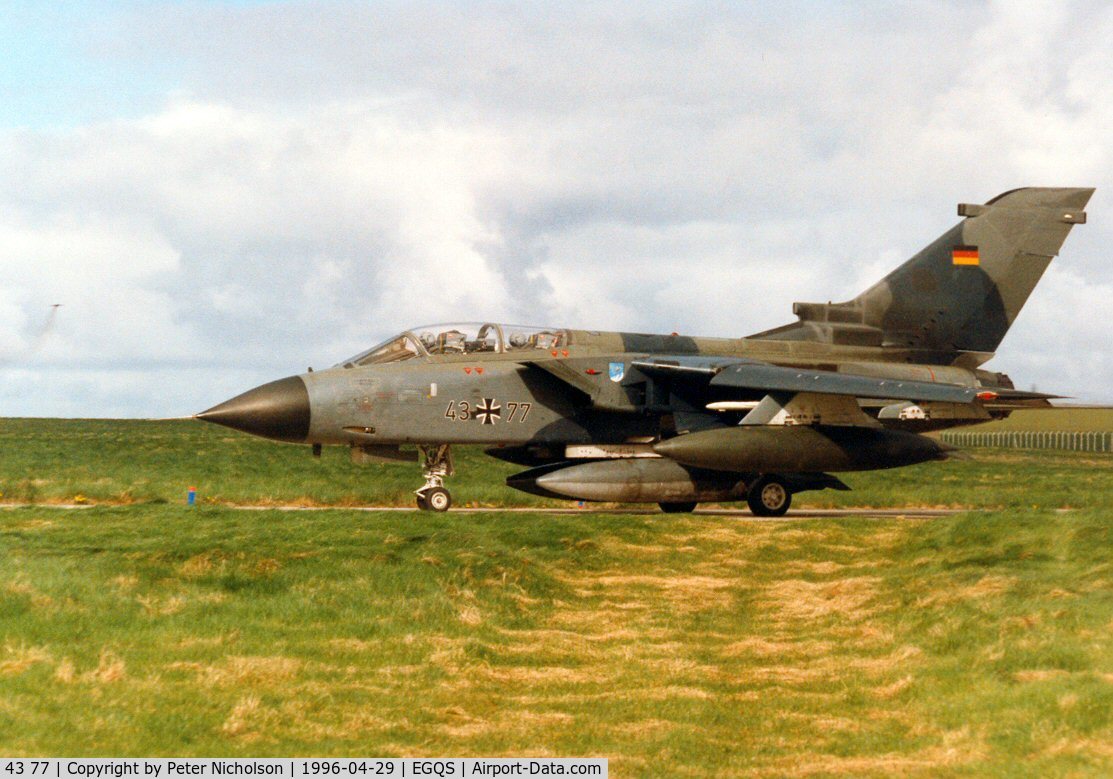 43 77, Panavia Tornado IDS C/N 200/GS050/4077, Tornado IDS, callsign German Air Force 3382, of JBG-34 taxying to the active runway at Lossiemouth in April 1996.