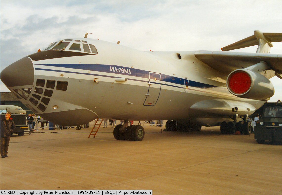 01 RED, 1990 Ilyushin Il-76MD C/N 1003401024, Il-76MD Candid support aircraft for the Russian Knights display team on display at the 1991 RAF Leuchars Airshow.