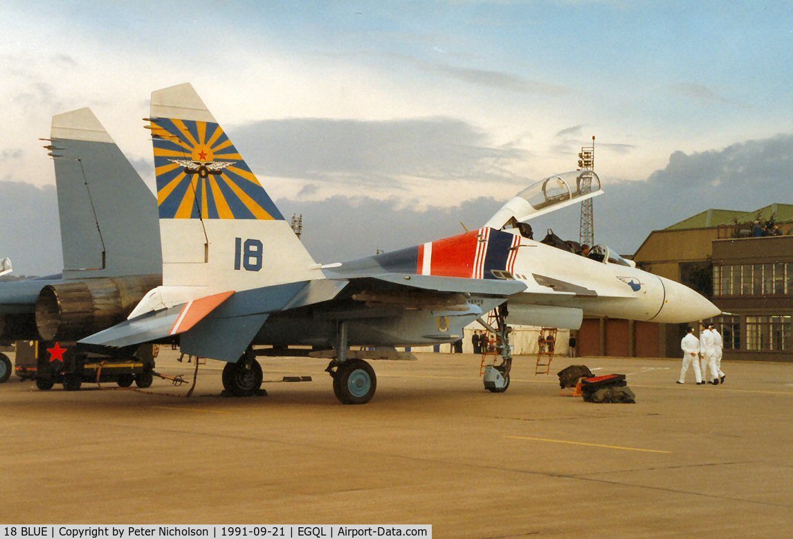 18 BLUE, Sukhoi Su-27UB C/N 96310413030, Su-27UB Flanker C of the Russian Knights display team at the 1991 RAF Leuchars Airshow.