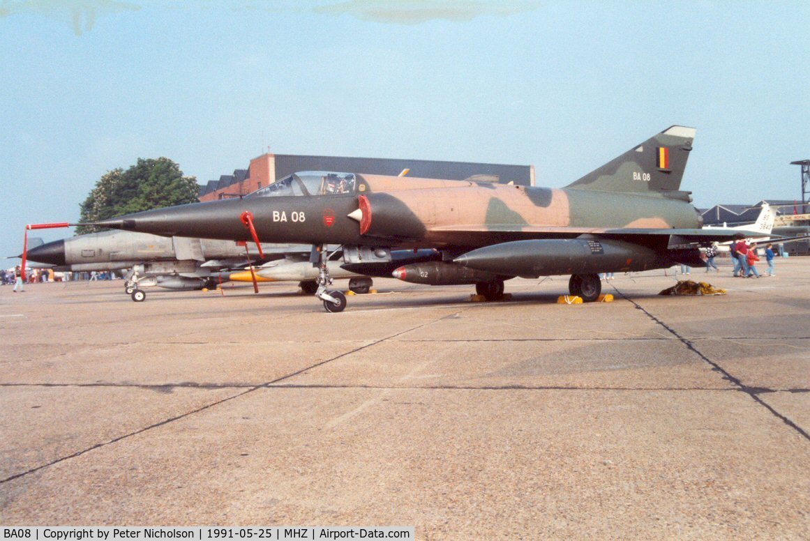 BA08, SABCA Mirage 5BA C/N 08, Mirage 5BA of 8 Squadron Belgian Air Force in the static park at the 1991 RAF Mildenhall Air Fete.