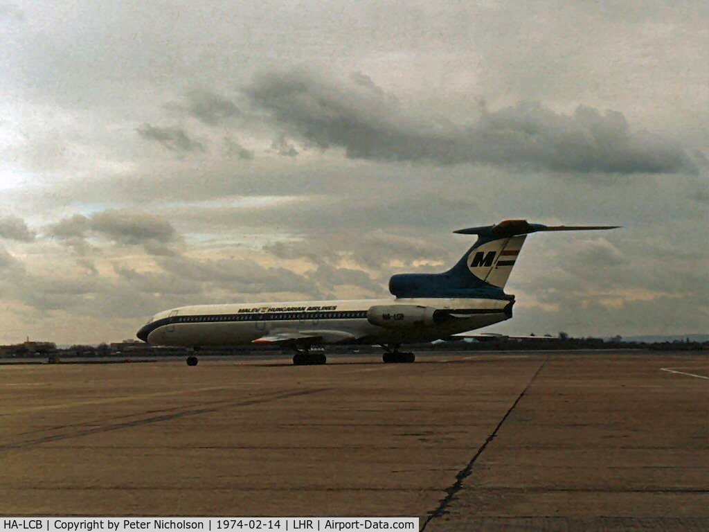 HA-LCB, 1973 Tupolev Tu-154B-2 C/N 73A046, Tu-154B-2 Careless of Malev-Hungarian Airlines taxying at Heathrow in February 1974.