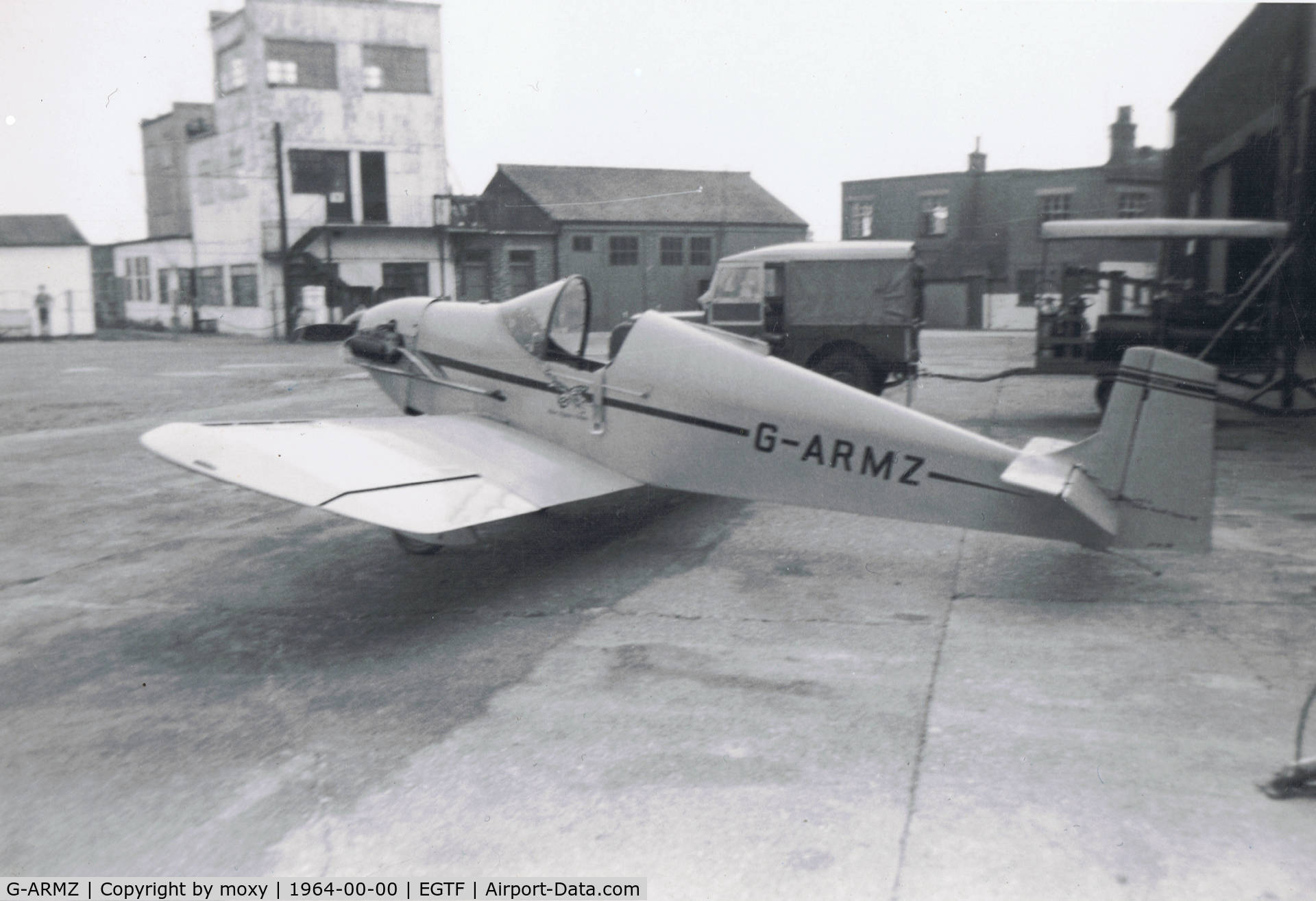 G-ARMZ, 1961 Rollason Druine D.31 Turbulent C/N PFA 565, Poor quality snap of Turbulent but shows Fairoaks in 1964. Ramp hasn't changed a great deal.