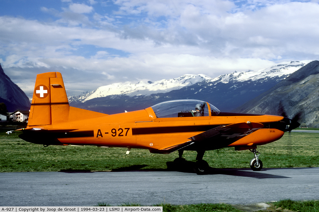 A-927, 1983 Pilatus PC-7 Turbo Trainer C/N 335, Turtmann was a very nicely situated airbase in the heart of the Alps. This PC-7 was seen during the 1997 Wiederholungskurs.