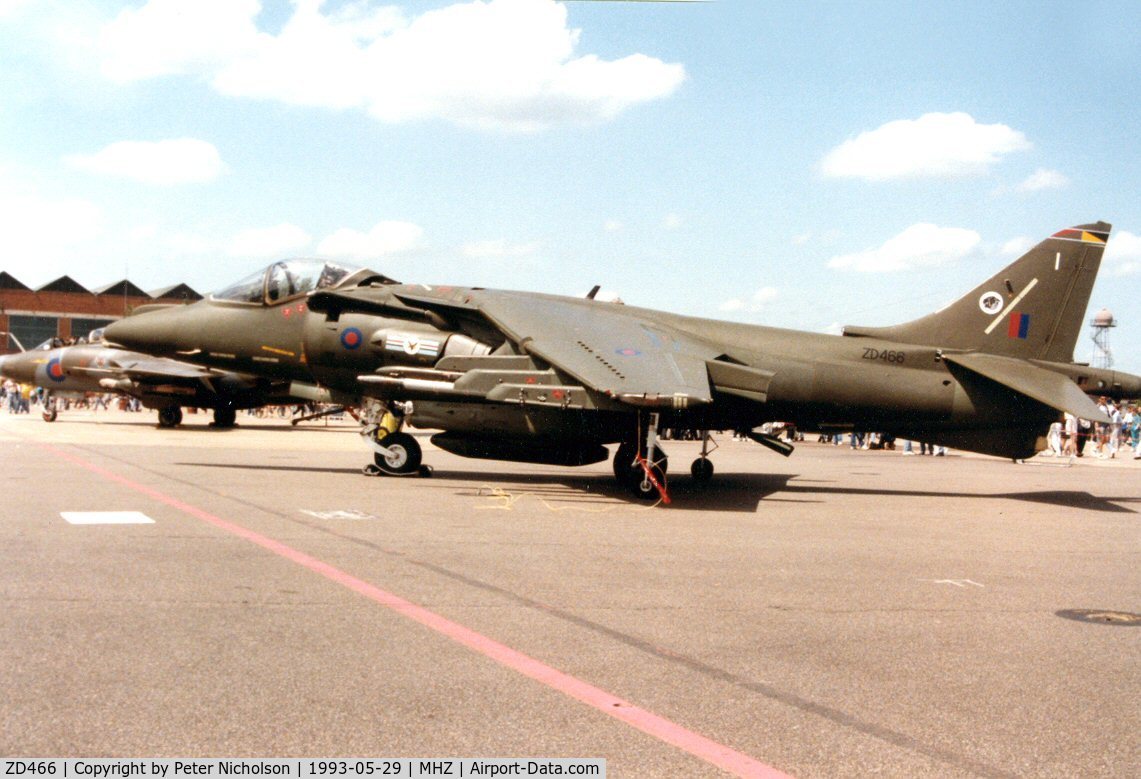 ZD466, 1989 British Aerospace Harrier GR.7 C/N P56, Harrier GR.7 of 20[R] Squadron based at RAF Wittering on display at the 1993 Mildenhall Air Fete.