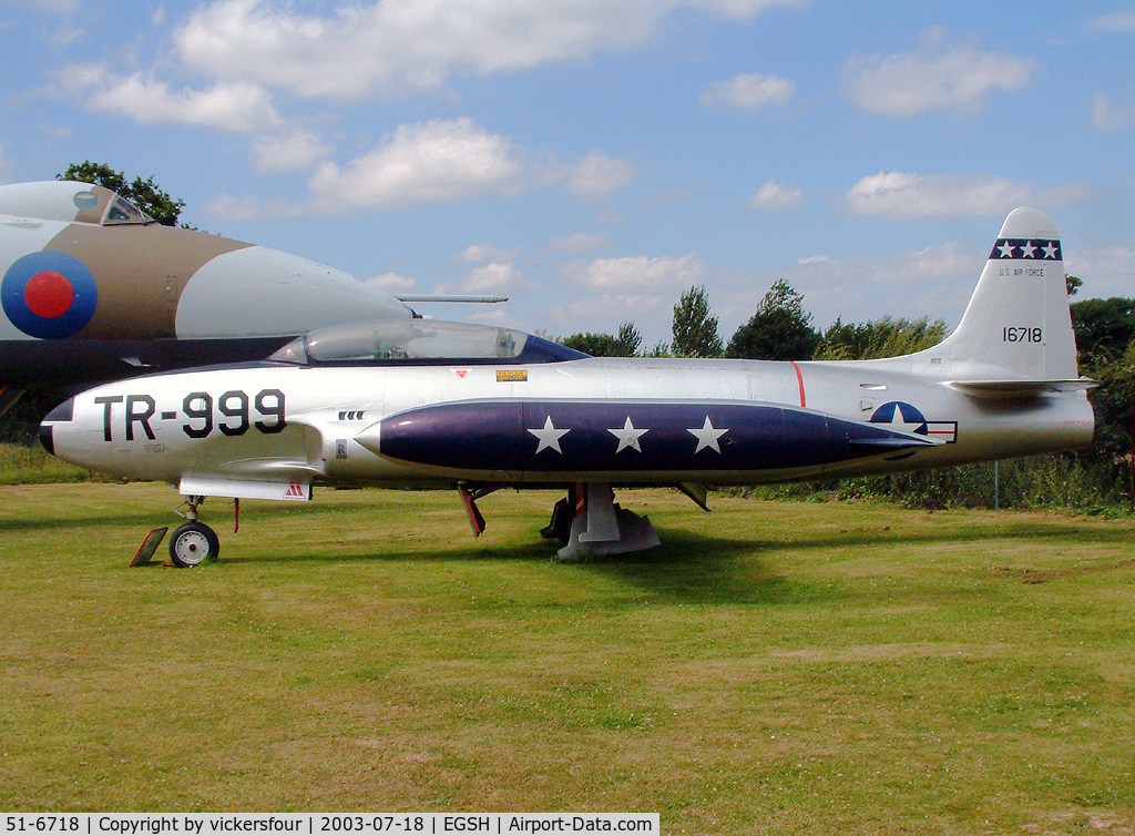 51-6718, 1951 Lockheed T-33A Shooting Star C/N 580-6050, City of Norwich Aviation Museum. Lockheed T-33A (c/n 580-6050). Painted in US Air Force markings with buzz number 'TR-999'.