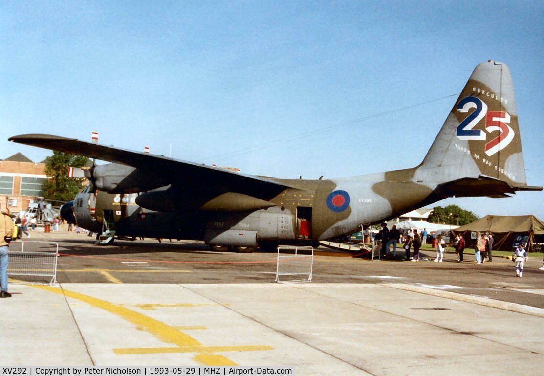 XV292, 1967 Lockheed C-130K Hercules C.1 C/N 382-4257, Hercules C.1 of the Lyneham Transport Wing with markings to celebrate 25 years of service on display at the 1993 Mildenhall Air Fete.