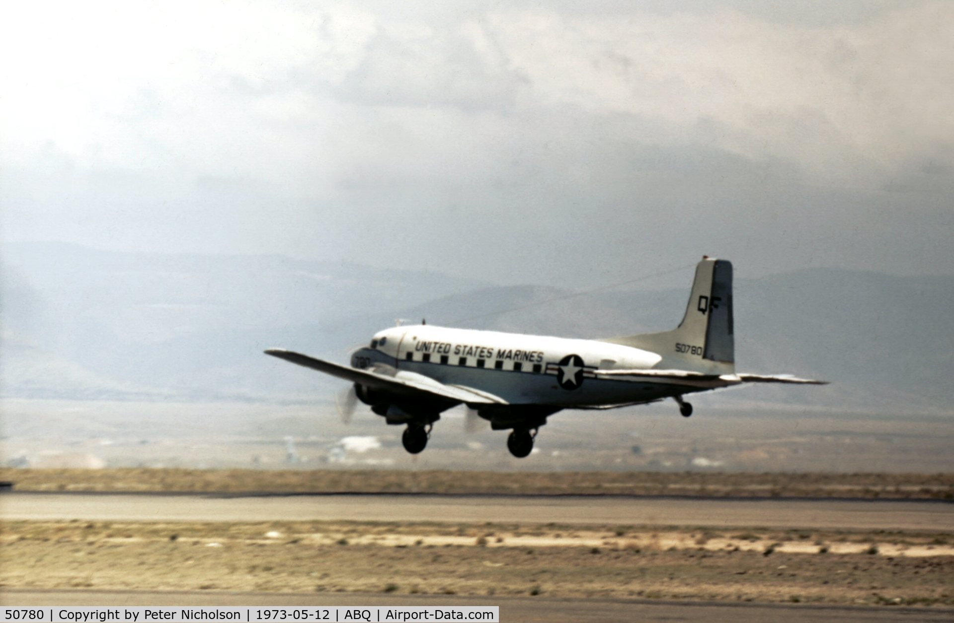50780, 1943 Douglas C-47J Skytrain C/N 14948, USMC C-47J landing at Albuquerque in May 1973.