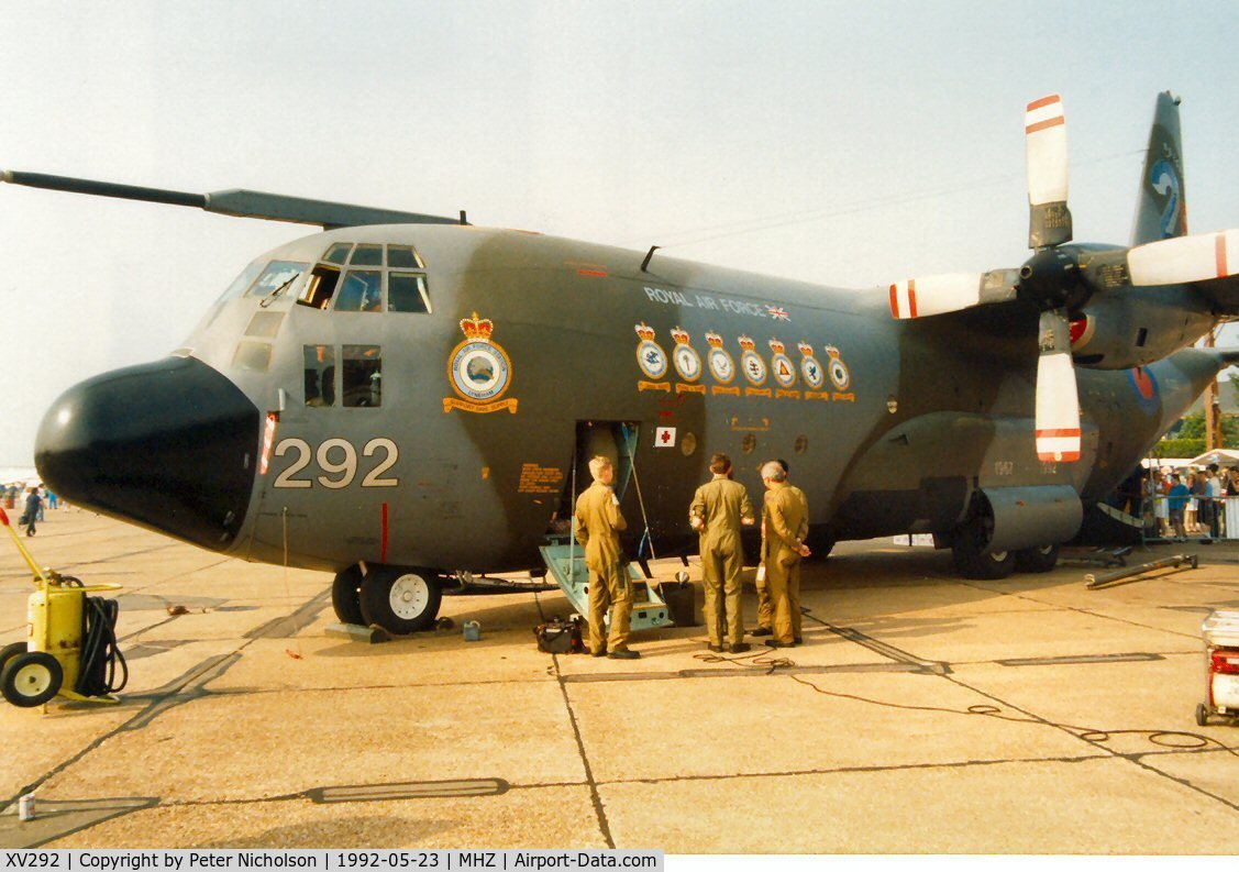 XV292, 1967 Lockheed C-130K Hercules C.1 C/N 382-4257, Hercules C.1 of the Lyneham Transport Wing with markings to celebrate 25 years of RAF Hercules operations in the static park at the 1992 Mildenhall Air Fete.