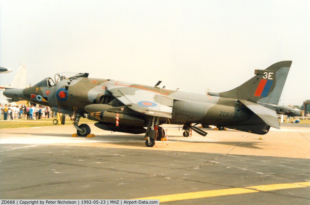 ZD668, 1986 Hawker Siddeley Harrier GR.3 C/N 712229, Harrier GR.3 of 233 Operational Conversion Unit at RAF Wittering on display at the 1992 Mildenhall Air Fete.