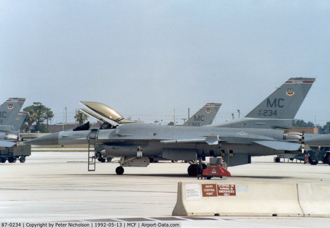 87-0234, 1987 General Dynamics F-16C Fighting Falcon C/N 5C-495, F-16C Falcon of the 63rd Fighter Squadron/56th Fighter Wing at MacDill AFB in May 1992.