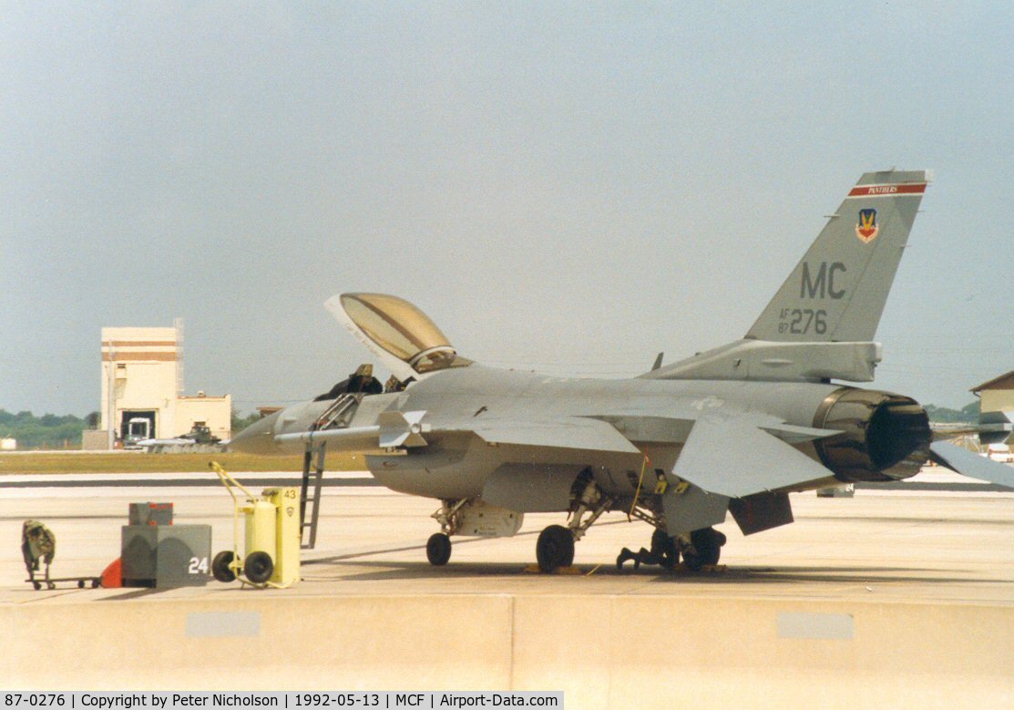 87-0276, 1987 General Dynamics F-16C Fighting Falcon C/N 5C-537, F-16C Falcon of 63rd Fighter Squadron/56th Fighter Wing at MacDill AFB in May 1992.