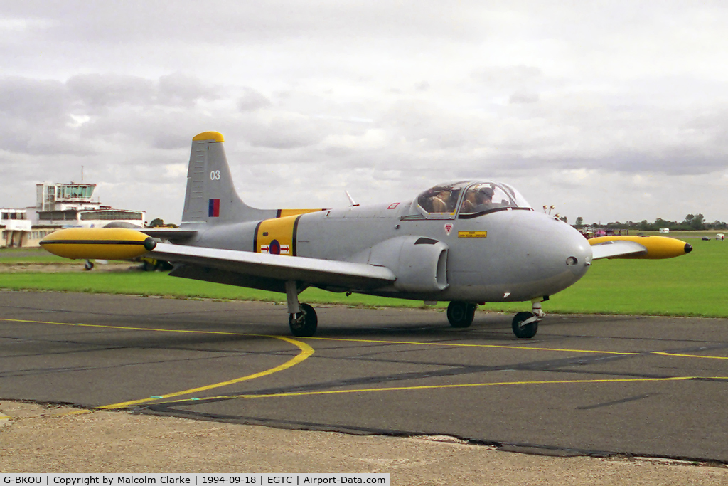 G-BKOU, 1961 Hunting P-84 Jet Provost T.3 C/N PAC/W/13901, Hunting Percival P84 Jet Provost T3 at Cranfield Airfield in 1994.