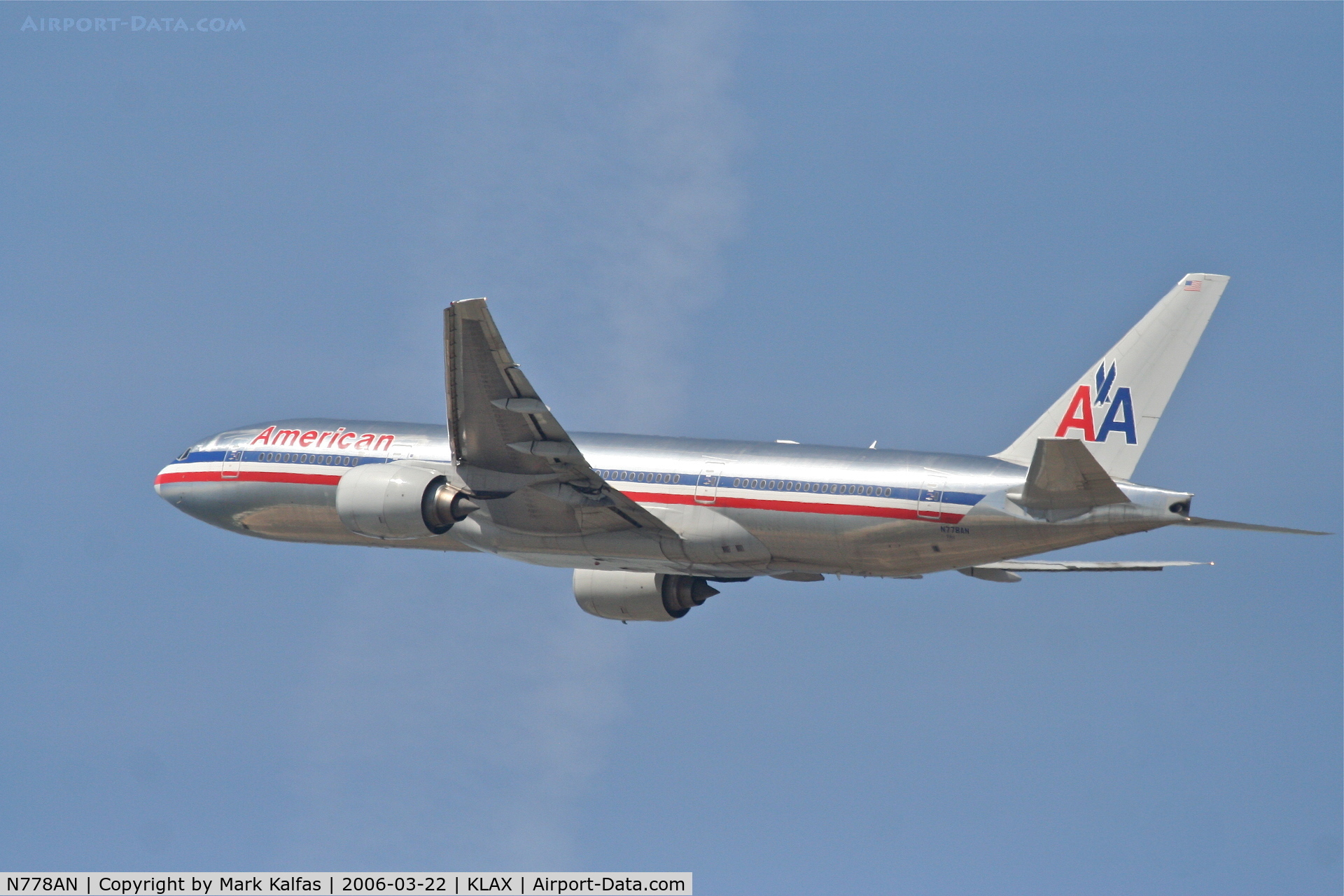N778AN, 1999 Boeing 777-223 C/N 29587, American Airlines Boeing 777-223, 25R departure KLAX.