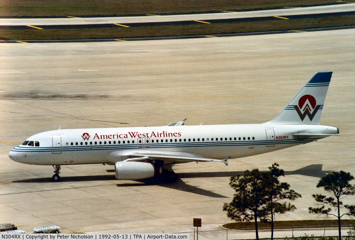 N304RX, 1992 Airbus A320-231 C/N 304, Airbus A320 of America West Airlines at Tampa in May 1992.