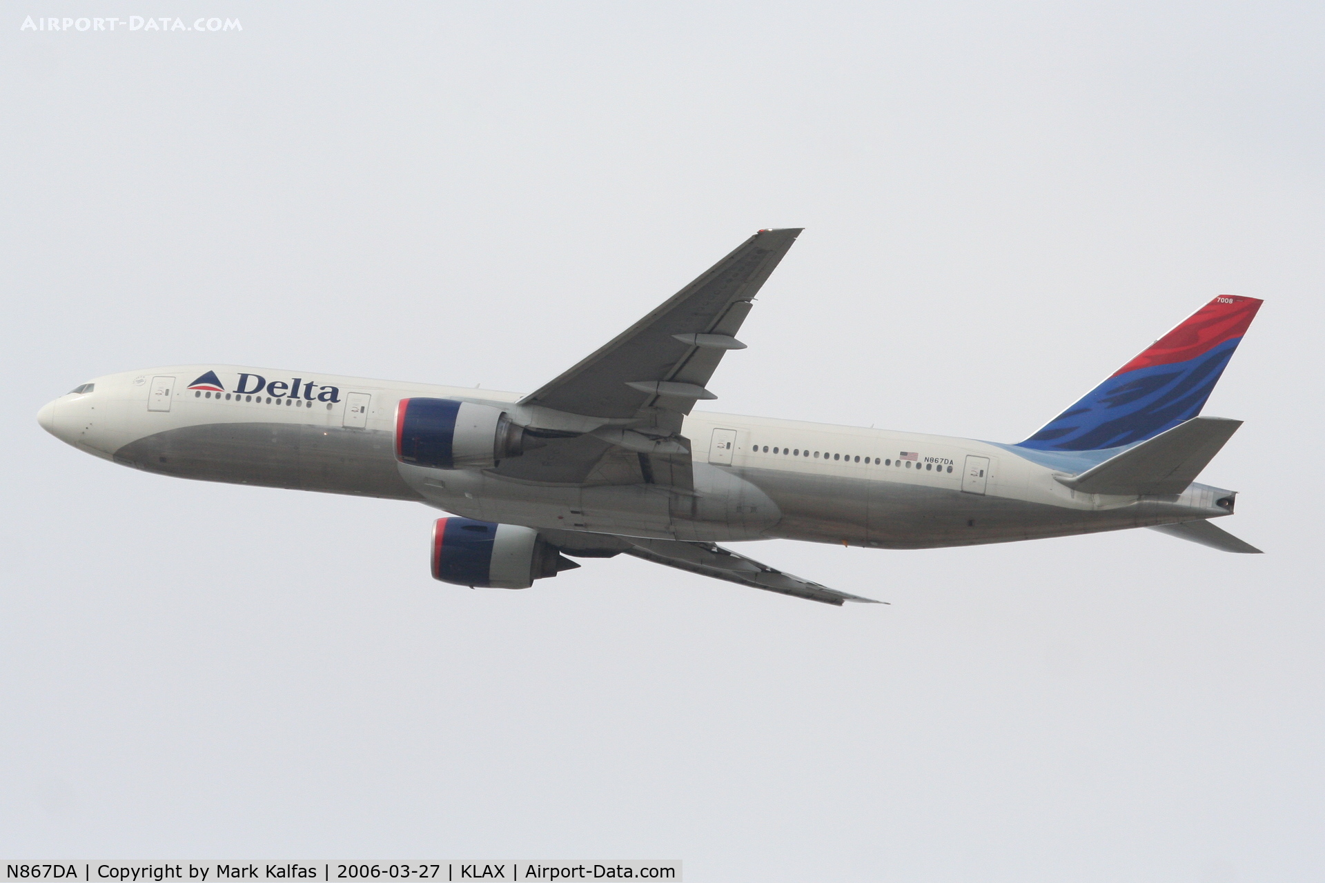 N867DA, 2002 Boeing 777-232 C/N 29743, Delta Airlines Boeing 777-232, 25R departure KLAX.
