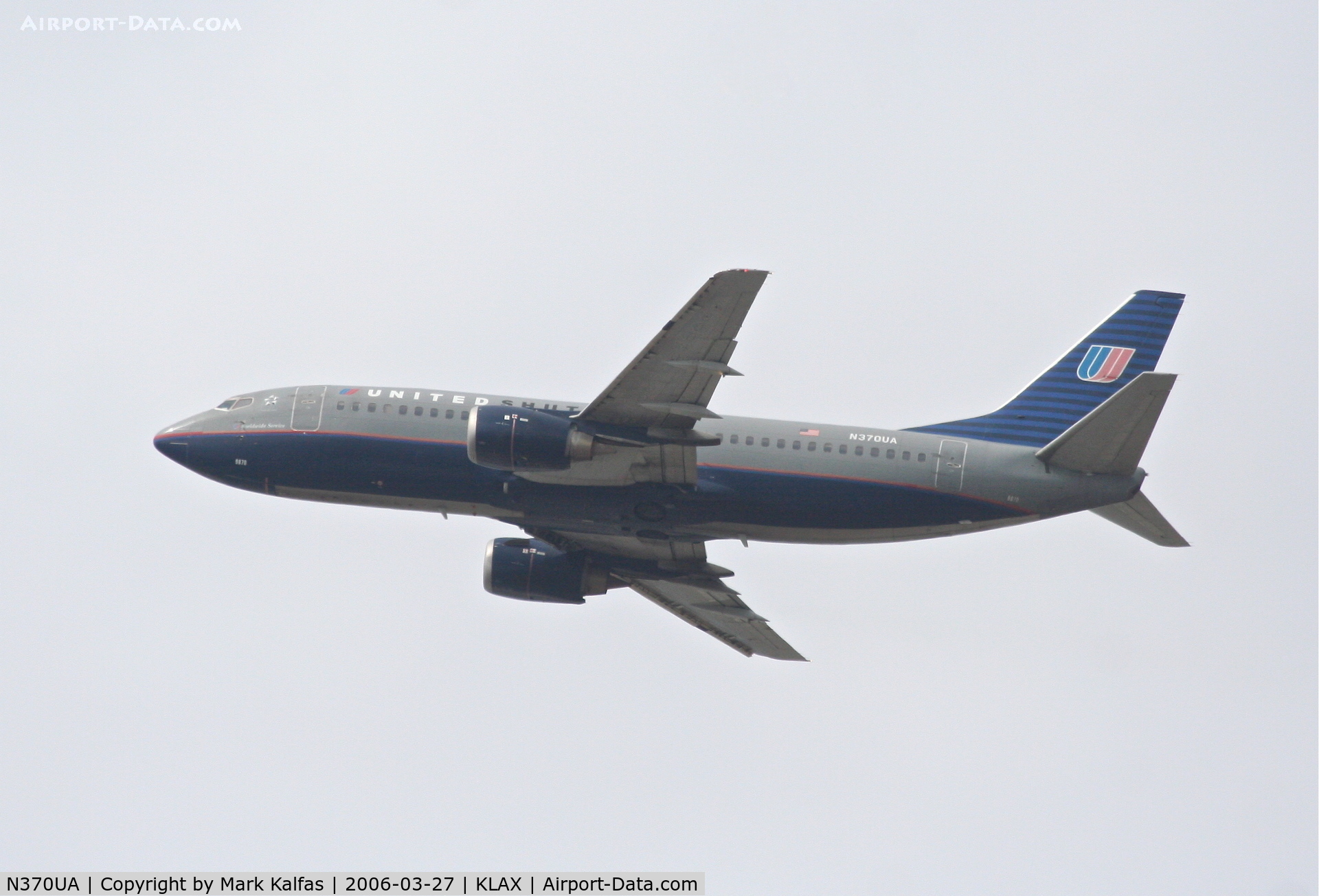 N370UA, 1989 Boeing 737-322 C/N 24539, United Airlines Boeing 737-322, 25R departure KLAX.